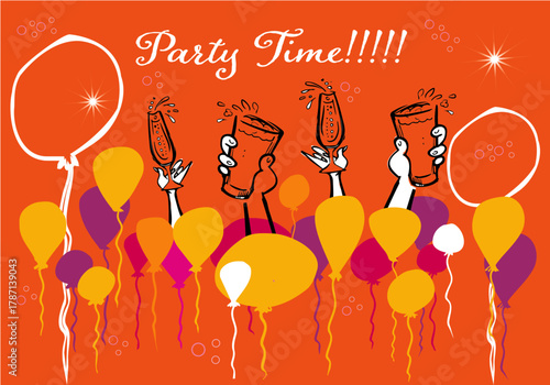 Party DRINKS - A bright happy cartoon graphic full of balloons. Four hands holding up drinks.
