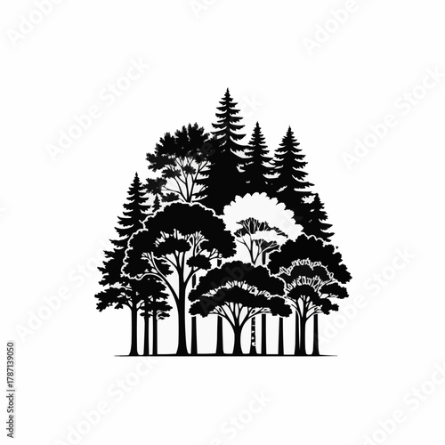Silhouette of a dense forest with various tree types and shapes.