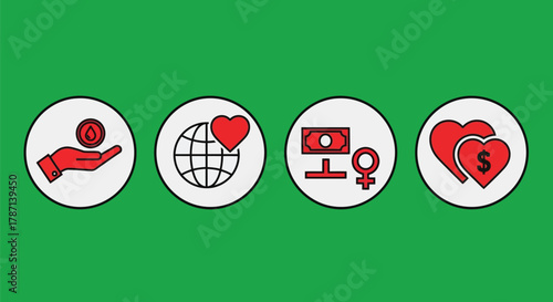 Charity icons for giving, global love, gender equality, and financial support