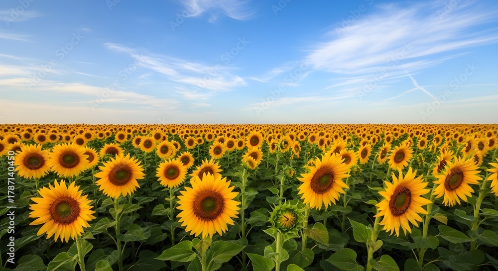 Fototapeta premium Vast field of sunflowers under a bright blue sky