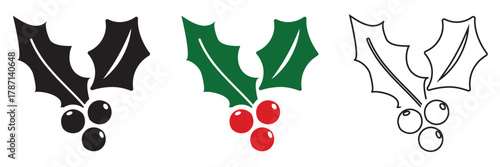 Holly berry icons. Cartoon holly leaves and berries. Chritmas logo wirh  holly leaves and berries.  vector illustration. EPS 10