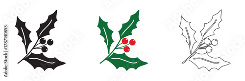 Holly berry icons. Cartoon holly leaves and berries. Chritmas logo wirh  holly leaves and berries.  vector illustration. EPS 10