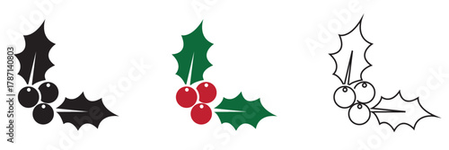 Holly berry icons. Cartoon holly leaves and berries. Chritmas logo wirh  holly leaves and berries.  vector illustration. EPS 10