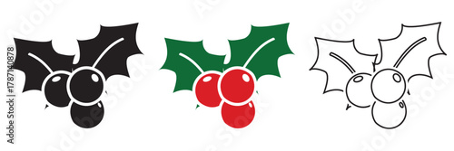 Holly berry icons. Cartoon holly leaves and berries. Chritmas logo wirh  holly leaves and berries.  vector illustration. EPS 10