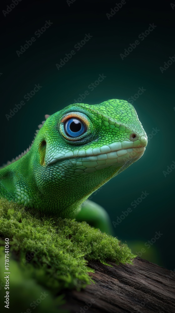 Fototapeta premium Photorealistic close-up vertical shot of an iguana's face, partially hidden behind a mossy log, showing one icy blue eye and top of head with ears peeking over the edge. A single spotlight