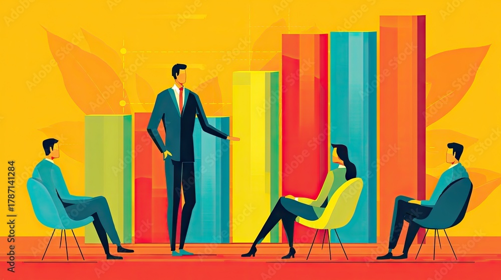Fototapeta premium Business Presentation with Colorful Bar Graphs and Engaged Audience in Modern Office Setting