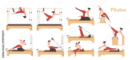 Pilates equipment and various movements.