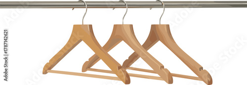 Wooden clothes hangers on metal rack, minimalist wardrobe organization, home storage concept, clean fashion display, modern interior detail design.