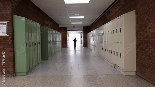 Boy running down hallway in highschool very late for class
