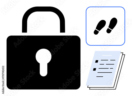 Padlock symbolizing security, footprints showing tracking, and stacked documents representing information. Ideal for cybersecurity, privacy, access control, regulation compliance, monitoring, digital