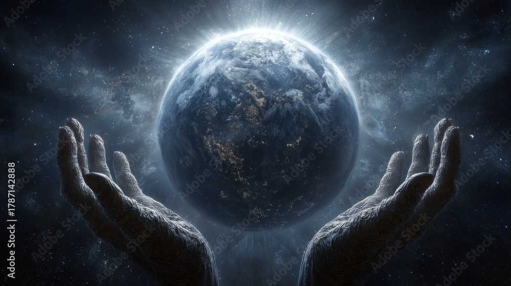 Obraz premium Celestial deity holding planet Earth