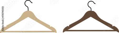 Two wooden hangers isolated on white background, beige and brown color, minimalist wardrobe design, modern home storage, fashion organization concept.