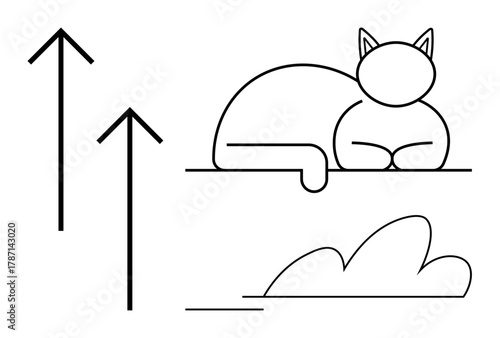 Resting cat on a shelf, two upward arrows, cloud line art. Ideal for relaxation, calm, progress, aspiration, balance mindfulness simplicity. Minimal simple flat metaphor