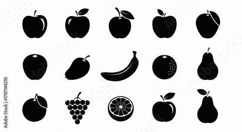 Collection of Various Fresh Fruits Silhouettes Isolated on White Background.