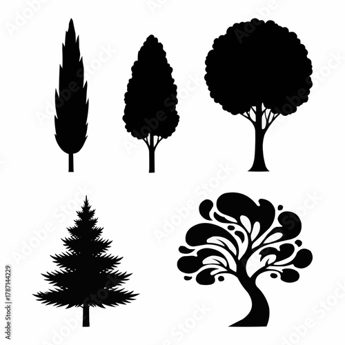 Collection of Five Distinct Tree Silhouettes in Black and White.
