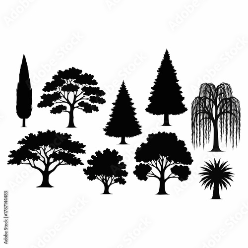 Diverse collection of tree silhouettes showcasing various species and shapes.
