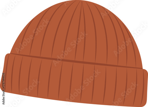 Warm brown knitted beanie hat illustration, winter fashion accessory design, cozy wool cap vector, stylish seasonal clothing flat drawing