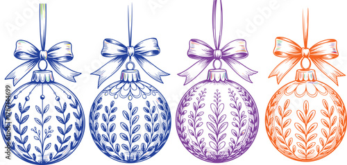 Ornate hanging Christmas baubles with bows Christmas ornaments