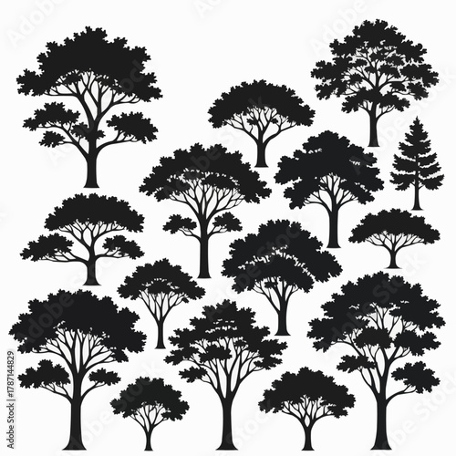 Silhouettes of various trees in black and white, perfect for design.