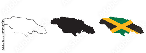 Jamaica map vector with editable country outline, black silhouette and national flag featuring green black gold diagonal cross for geography, education, travel tourism and Caribbean cultural