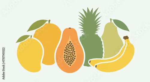Assortment of tropical fruits including mangoes, papaya, pineapple, pear, and bananas.