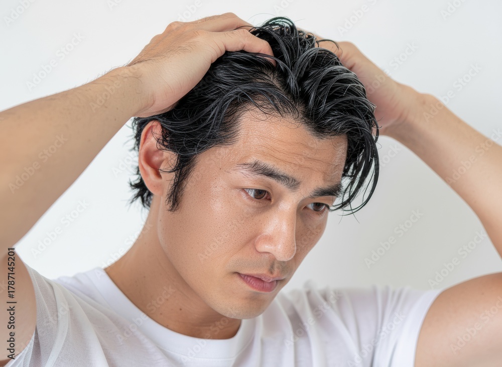 Naklejka premium A photo of a man who cares about thinning hair checking his hair/薄毛を気にする男性が髪を確認する写真