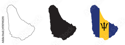 Barbados map vector with editable country outline, black silhouette and national flag featuring blue gold bands with trident for geography, education, travel tourism and Caribbean island