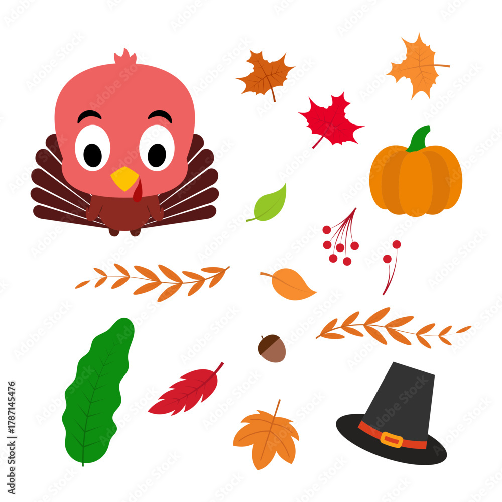 Fototapeta premium Cute thanksgiving element image with turkey, pumpkin hat, and berries. Suitable for fall and thanksgiving themed designs like greeting cards or social media posts.