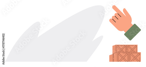 Hand gesture pointing near stacked wooden crates symbolizing direction, logistics, or warehouse organization. Ideal for delivery, cargo, management, organization, teamwork, supply chain efficiency