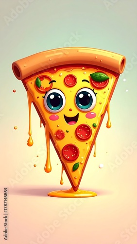 Smiling animated pizza slice with pepperoni and melted cheese