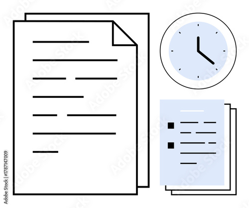 Papers with text, checklist on additional sheets, wall clock emphasizing deadlines and productivity. Ideal for organization, planning, scheduling, paperwork, efficiency, time management