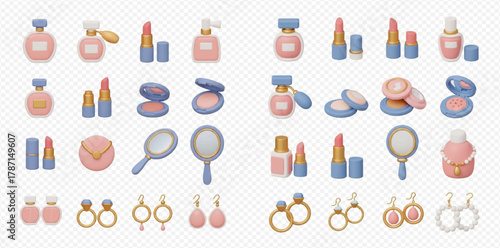 A collection of 3D rendered cosmetic products and elegant jewelry items including perfume bottles, lipsticks, compacts, mirrors, rings, and earrings in a pastel color palette.