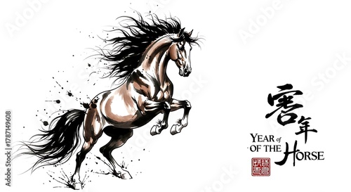 Ink painting of horse with year of the horse text