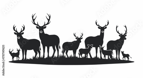 Silhouette of a Deer Family with Fawns Grazing in a Field.