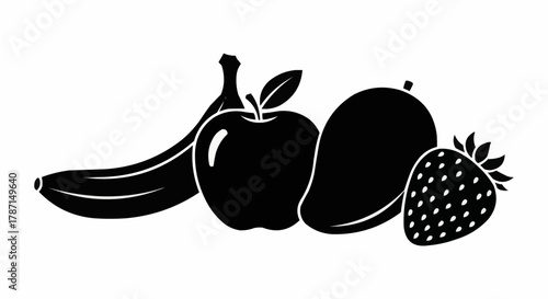 Silhouette of various fresh fruits including banana apple mango and strawberry.