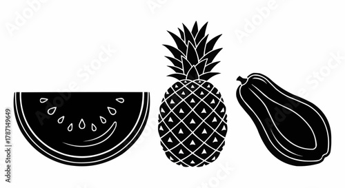 Tropical Fruit Silhouettes - Watermelon, Pineapple, and Papaya.
