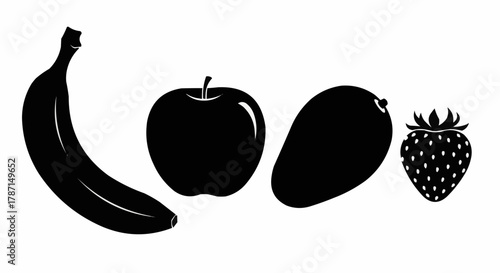 Black silhouettes of various fruits including banana apple mango and strawberry.