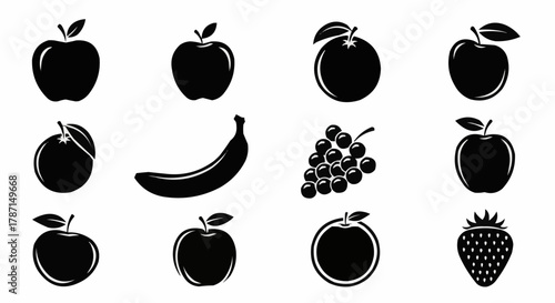 Collection of various fruits in black and white silhouette style, healthy food concept.