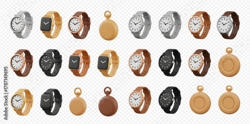 A diverse collection of 3D rendered wristwatches and pocket watches in various styles, colors, and materials.