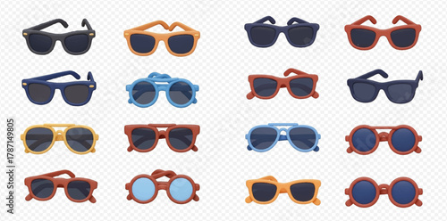 Collection of various stylish sunglasses with different frame shapes and colors on a transparent background, showcasing diverse eyewear designs.