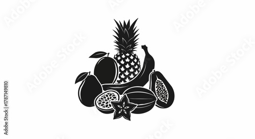 Collection of Tropical Fruits in Silhouette Style.