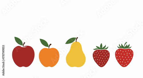 Collection of Fresh Fruits Apple Orange Pear Strawberries.