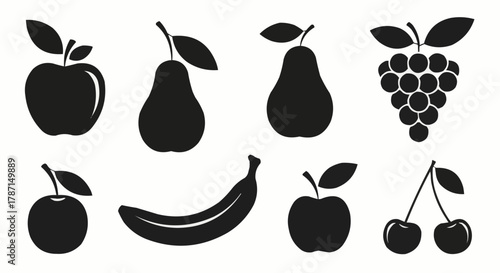 Assortment of various fruits in black silhouette, healthy food concept.