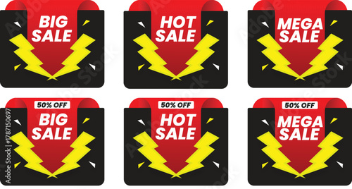Mega Hot Big SALE Vector Badge Set with 50% Off and Lightning Bolt Graphics
