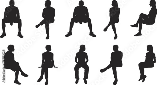 Seated people silhouette set, sitting posture vector, diverse human poses, black flat icon, cad drawing flat vector illustration