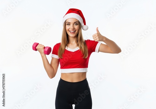 Fototapeta Naklejka Na Ścianę i Meble -  Smiling fitness woman in a Santa hat holding a dumbbell and showing thumbs up. Festive Christmas workout and healthy holiday lifestyle concept with copy space