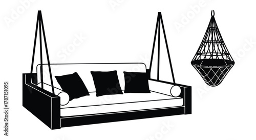 Stylish hanging sofa and chair offer modern relaxation aesthetic