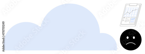Large blue cloud next to an analytics report clipboard and sad face icon. Ideal for data storage, cloud computing, cybersecurity, privacy breach, analytics error, tech issues, negative outcomes