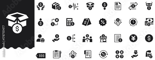 Price solid icon set covers pricing, sale, discount, currency, e-commerce, dashboard, finance, offer, deal, shopping, budget, calculator, checkout, store, revenue. Professional vector illustration set