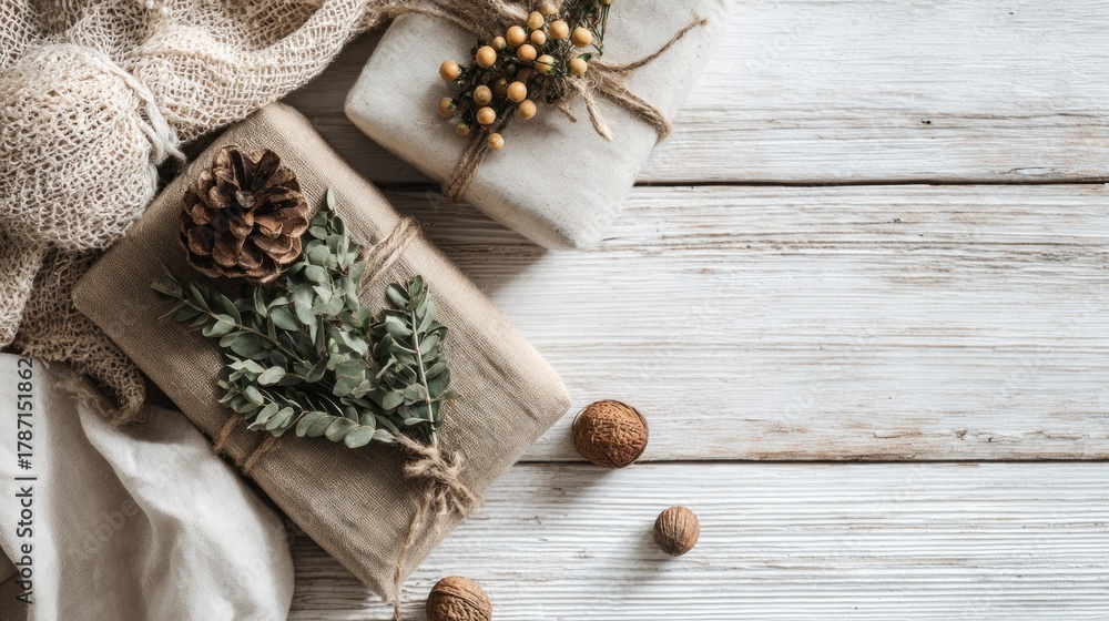 Fototapeta premium Aesthetic gift wrapping featuring natural decorations like pinecones and greenery, set against a rustic wooden background.